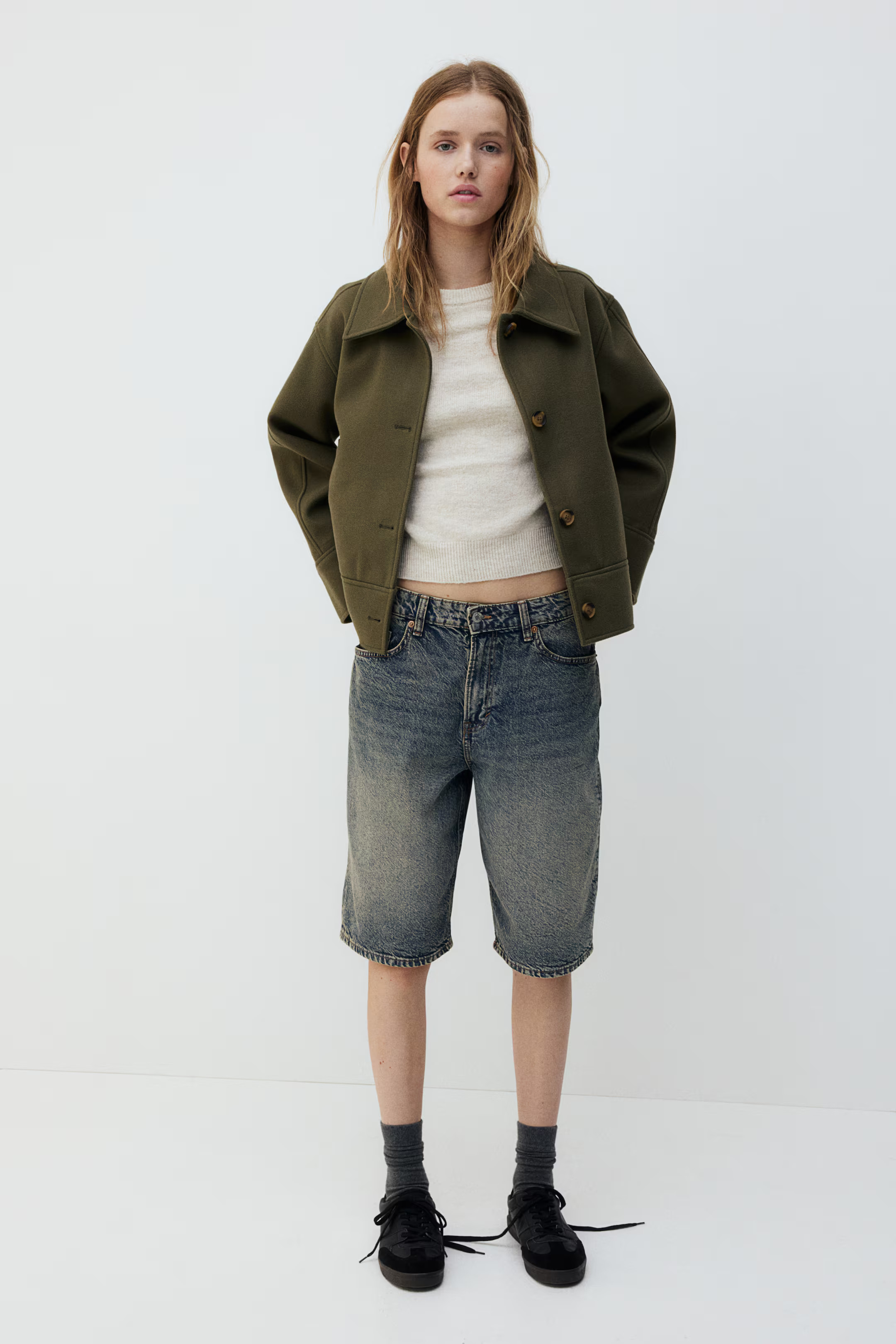 Felted Jacket - Long sleeve - Short - Dark khaki green - Ladies | H&M US | H&M (US + CA)