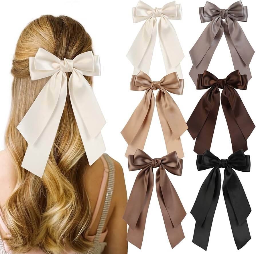 6 PCS Satin Hair Bows and Clips for Women, Girls & Teens - Bowknot Hair Ribbons with Long Tails, ... | Amazon (US)