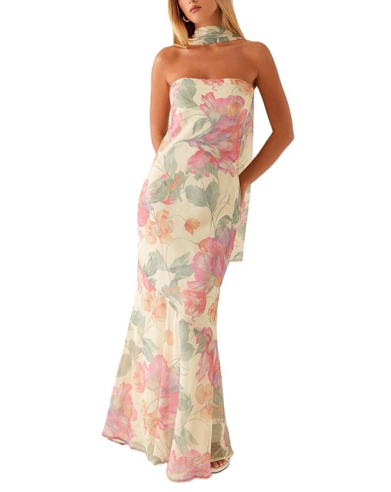 Women Strapless Floral Dress with Sarf Mesh Tube Maxi Dress Summer Cocktail Wedding Guest | Amazon (US)