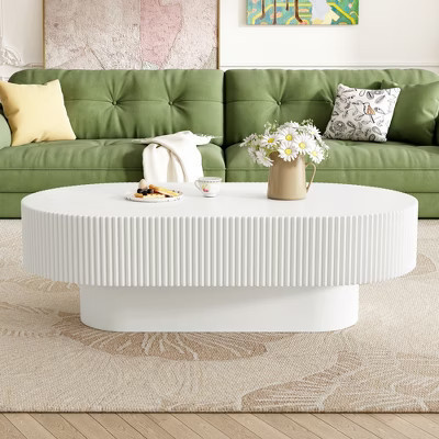 43.3"W Oval Coffee Table, Modern Drum End Table, Minimalist Fluted Center Table with Sturdy Base, White - ModernLuxe | Target