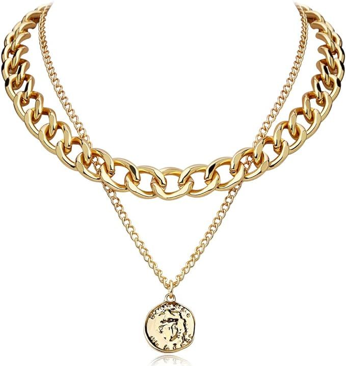 FAMARINE Gold Choker Layered Necklace for Women, Fashion Geometric Pendant 2 Layered Necklaces fo... | Amazon (US)