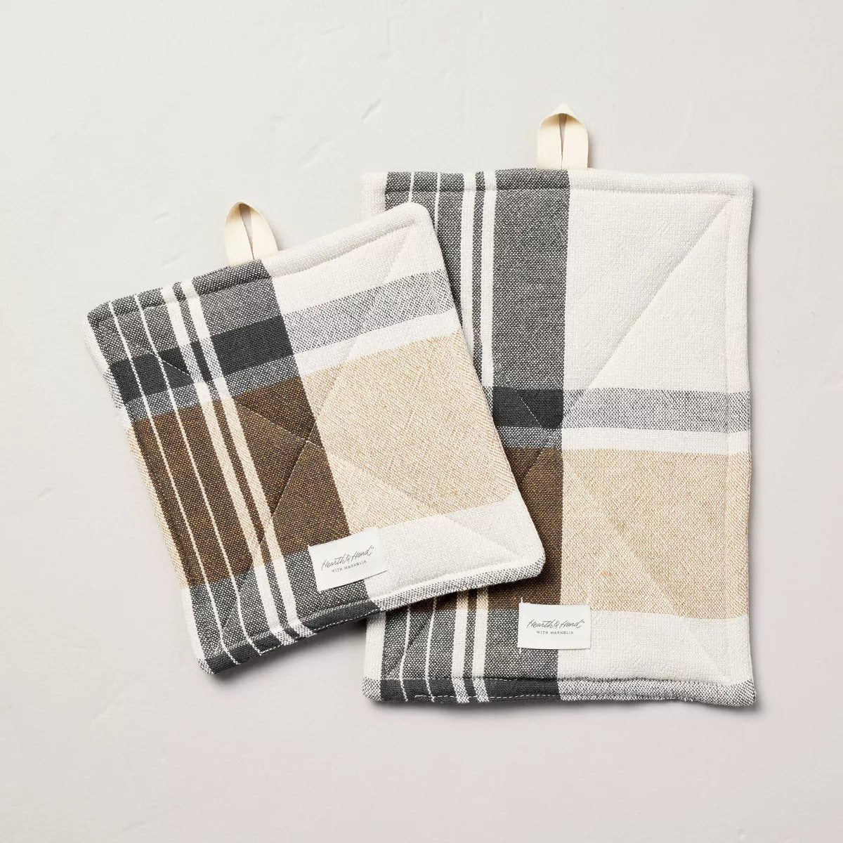 2pc Autumn Plaid Potholder Set Cream/Almond/Gray - Hearth & Hand™ with Magnolia | Target