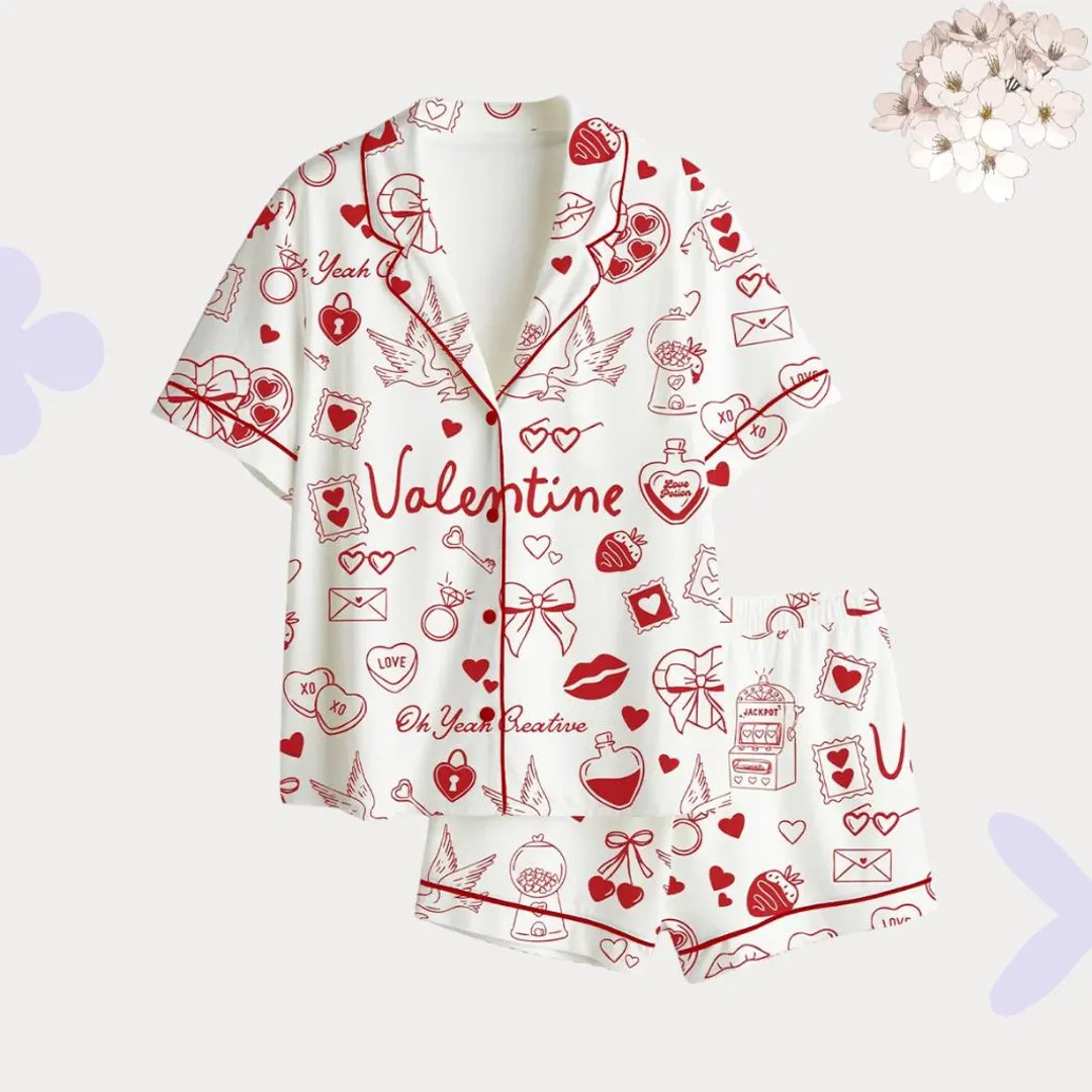 Valentine Print Pajama Set, Love Pattern Button-Up Sleepwear, Cozy Loungewear Gift | Etsy (US)