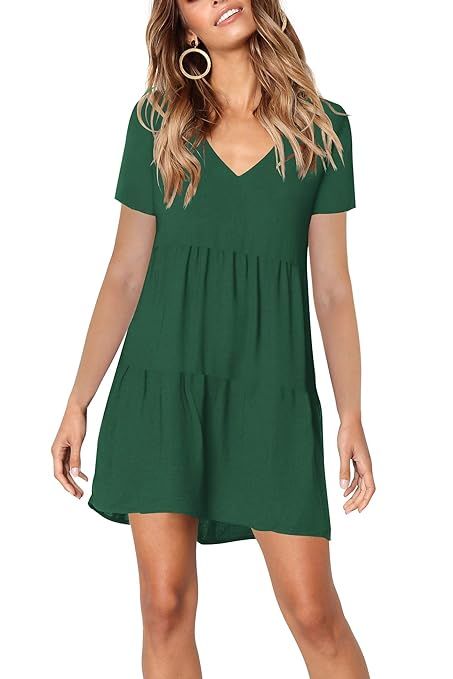 FAVALIVE Womens Casual Loose Short Sleeve V Neck Solid Color Dress | Amazon (US)