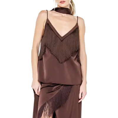 CIEBON Enza Fringe Camisole with Scarf in Brown at Nordstrom, Size Medium | Nordstrom