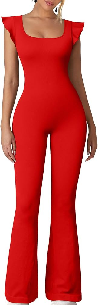 OQQ Womens Jumpsuits Ruffles Sleeveless Square Neck Bell Bottoms Flare Long Pants Fashion Clothes | Amazon (US)
