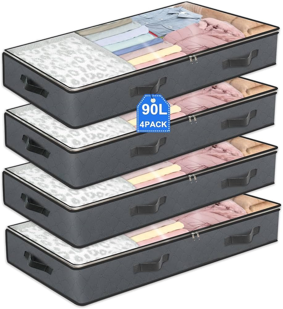 4 Pack Under Bed Storage, 90L Collapsible Closet Containers Organizers and Under Bed Storage Bins... | Amazon (US)