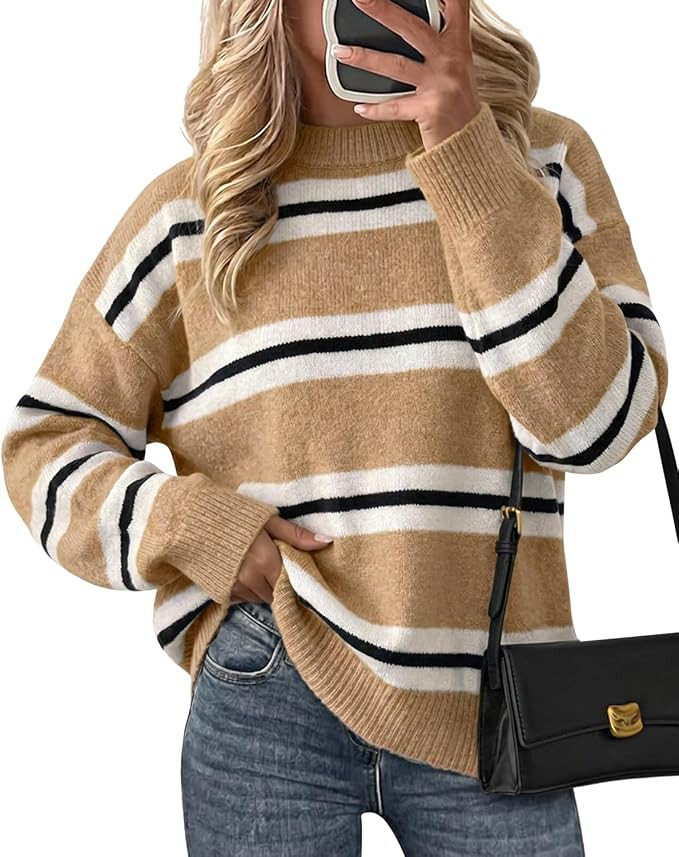Cicy Bell Womens Striped Pullover Sweater Color Block Casual Loose Knit Top | Crew Neck, Drop Sho... | Amazon (US)