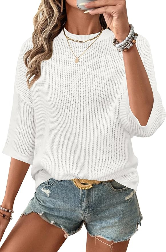 Arach&Cloz Womens 100% Cotton 3/4 Length Sleeve Sweater Crochet Tops Shirts Casual Blouses Resort... | Amazon (US)