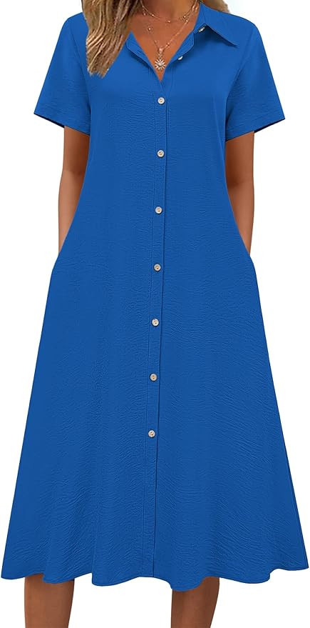 Zeagoo Summer Dresses for Women 2026 Button Down Shirt Dresses Aline Long Sundress Short Sleeve B... | Amazon (US)