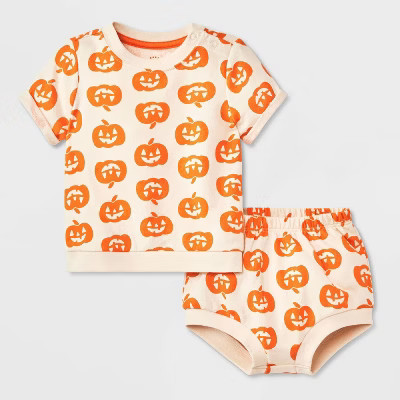 Baby 2pc Halloween Pumpkin T-Shirt & Bloomer Set - Cat & Jack™ Cream 3M | Target