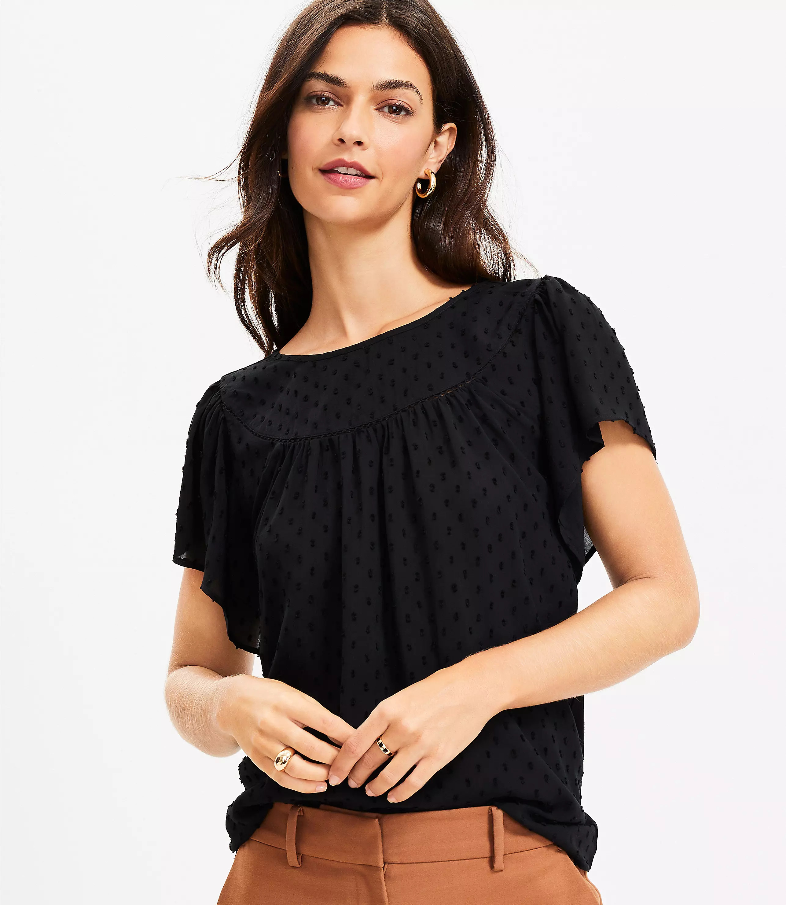 Clip Ruffle Sleeve Mixed Media Top | LOFT