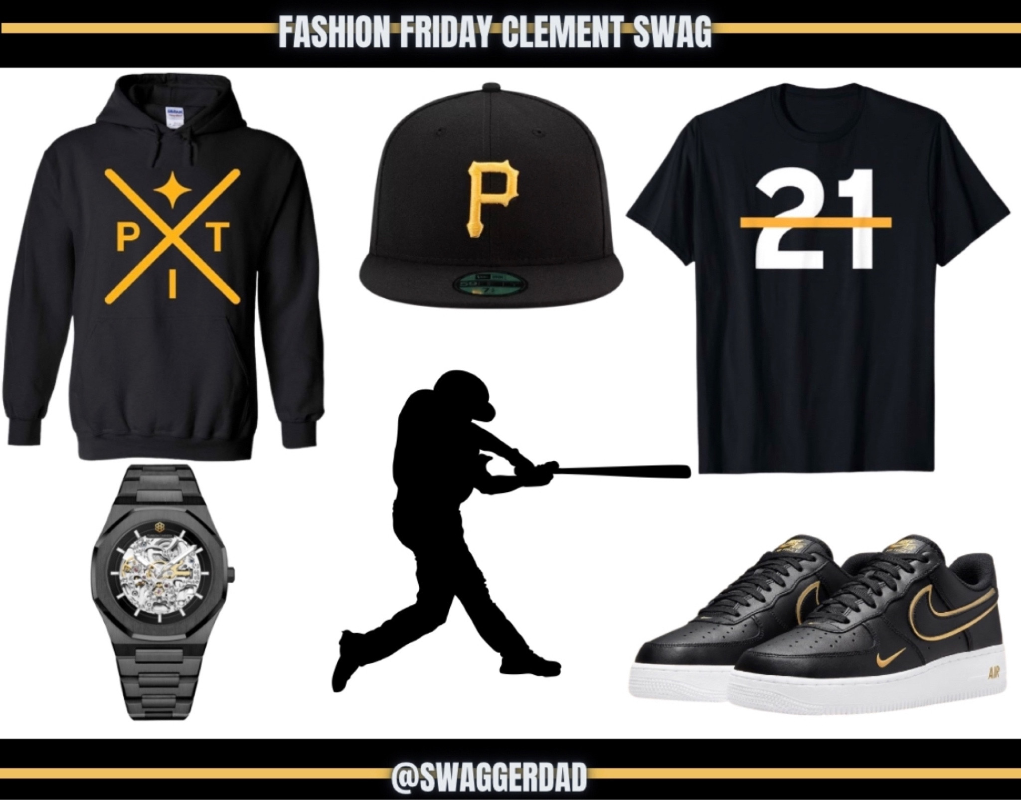 Fashion Friday, Today we salute Roberto Clemente, Hall of Fame baseball Player! 
Black&Gold Hoodie Pittsburgh fitted hat, 21 T-shirt , black Turbion Carrera and Black and gold Air Force one

#LTKstyletip #LTKGiftGuide #LTKSale