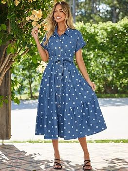 BerryGo Womens Summer Denim Shirt Dress Casual Belted Short Sleeve Button Down Flowy Midi Jeans D... | Amazon (US)
