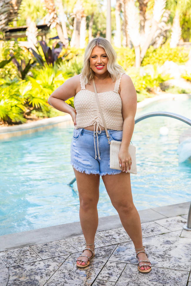 Stop The Music Tan Cropped Crochet Tank | Pink Lily