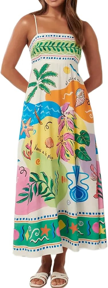 KMBANGI Women Spaghetti Strap Graffiti Maxi Dress Colorful Graphic A Line Swing Long Cami Dress B... | Amazon (US)