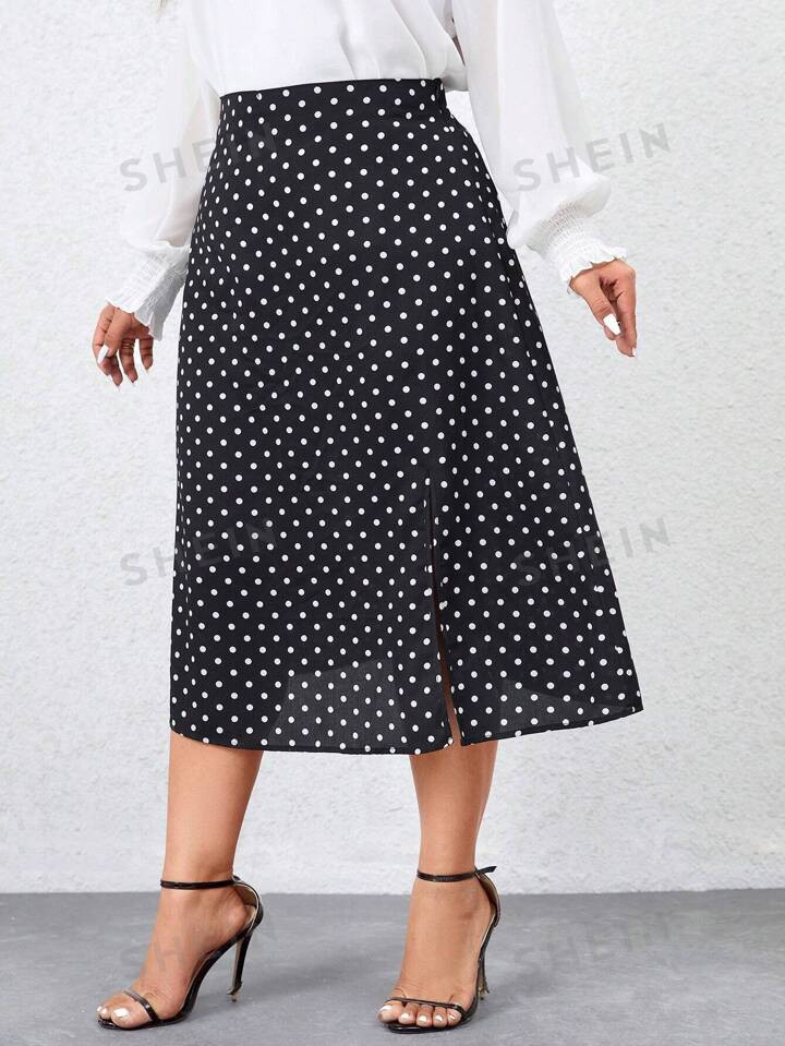 SHEIN Privé Plus Size Elegant And Romantic Polka Dot Printed Split A-Line Midi Skirt, Suitable F... | SHEIN