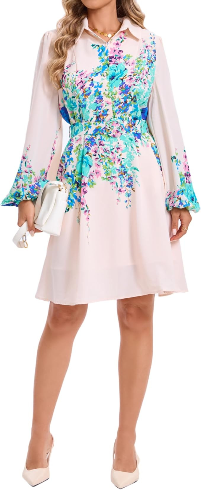 Women Long Sleeve Spring Button Down A-Line Floral Print Summer Cocktail Shirt Dresses with Belt | Amazon (US)
