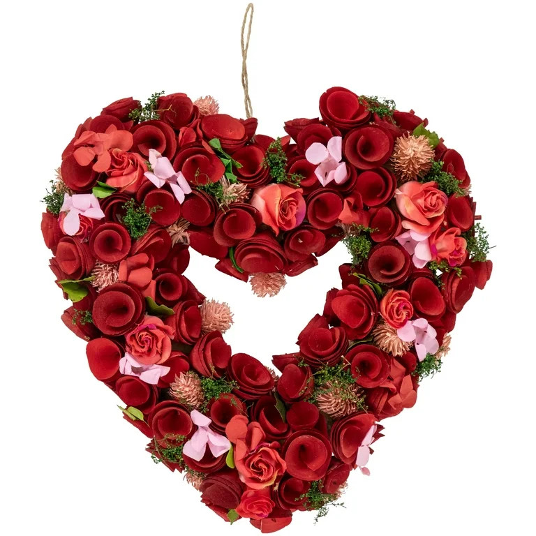 Northlight Artificial Floral Valentine's Day Wooden Heart Wreath - 13.5" | Walmart (US)