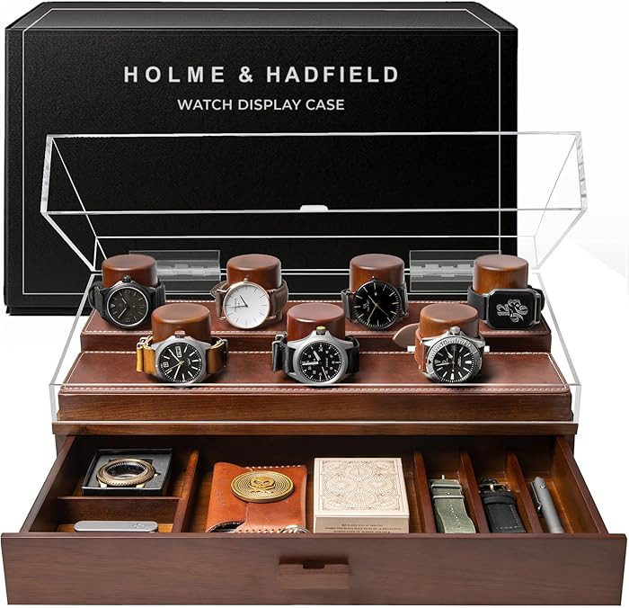 Premium 7 Slot Watch Box for Men - Large Wooden Watch Display Case with Hinged Cover, Leather Lin... | Amazon (US)