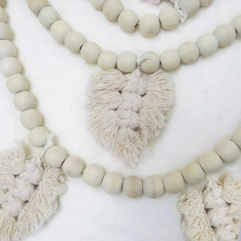 Holiday Time Set of 2 - Natural Wood Bead with Cream Macramé Leaf Christmas Decorative Garland, ... | Walmart (US)