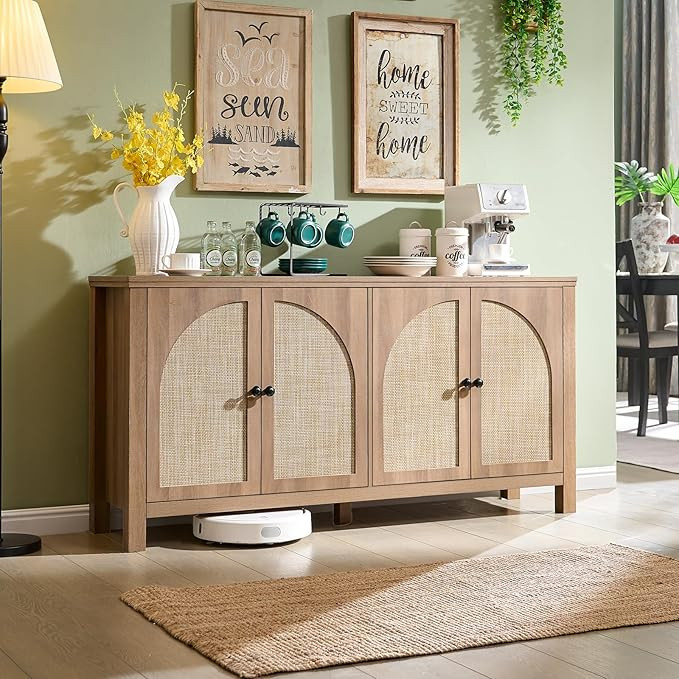 Okvnbjk Rattan Buffet Cabinet with Storage - 4 Soft-Close Doors Sideboard for Dining Room & Livin... | Amazon (US)