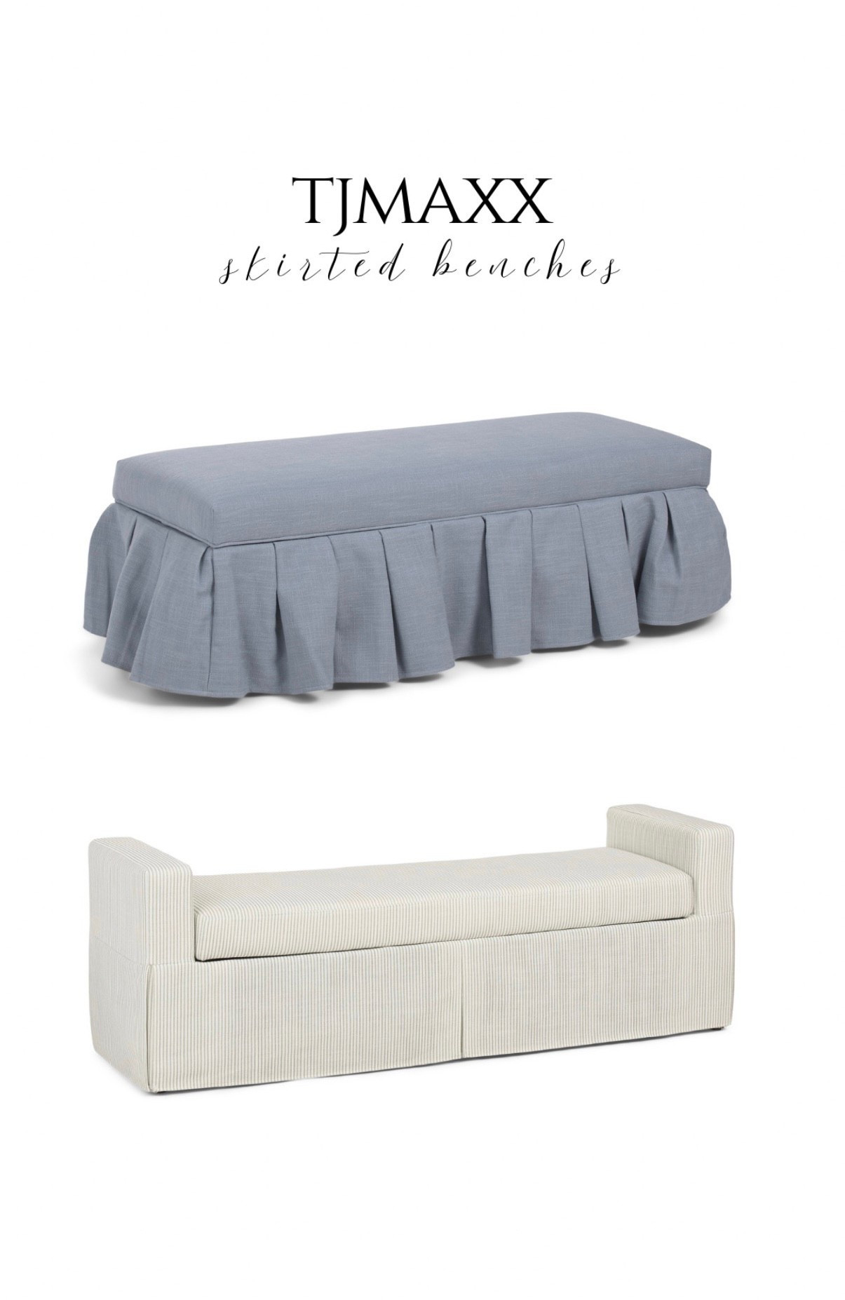 Under $300 skirted benches! ✨ blue bench, white bench, ruffle bench, oversized bench, bedroom, Lillian August furniture tjmaxx finds #tjmaxx @TJ Maxx 