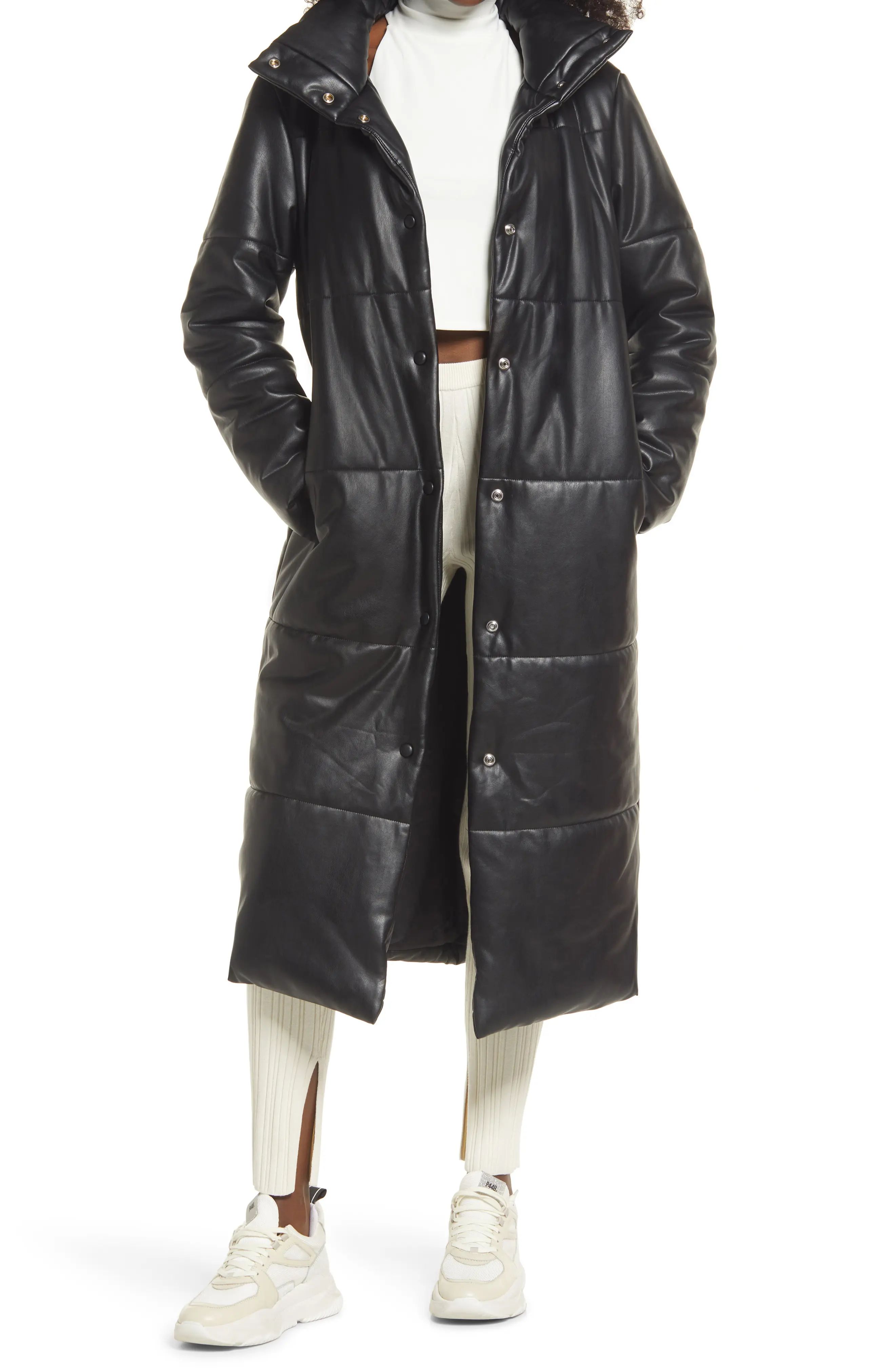 Open Edit Maxi Faux Leather Puffer Jacket in Black at Nordstrom, Size Small | Nordstrom