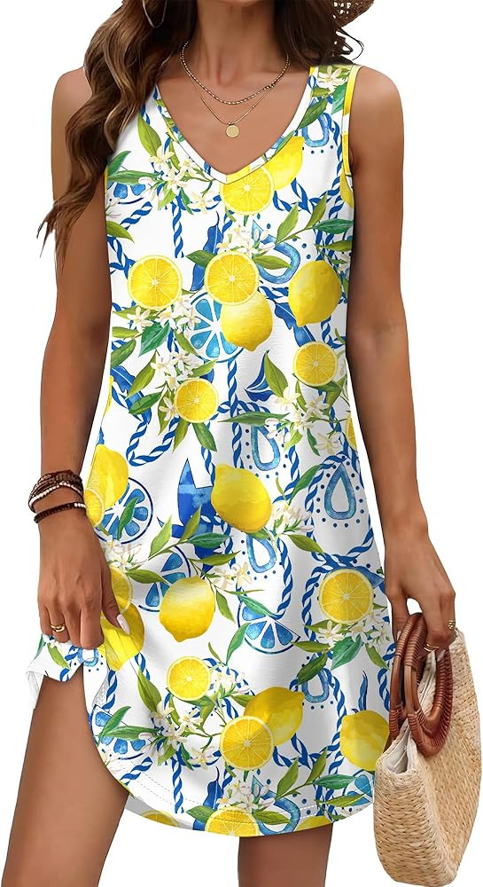 Aokosor Womens Summer Dresses 2026 Loose V Neck Sleeveless Dress Sundresses Swimsuit Coverup Vaca... | Amazon (US)