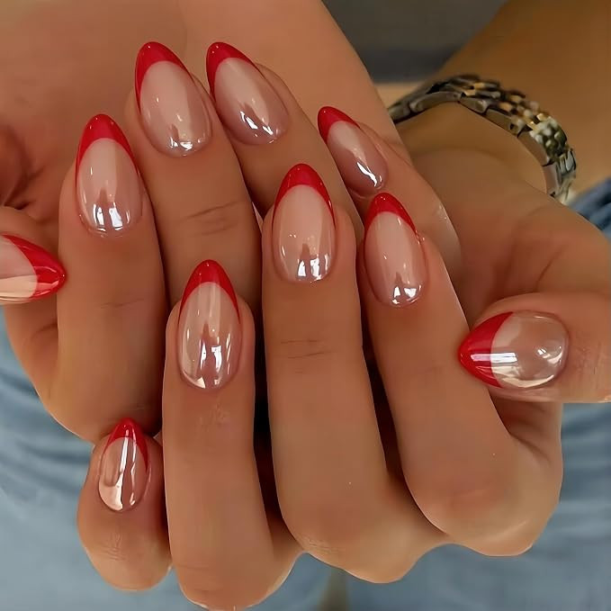 KQueenest Chrome French Tip Press On Nails Short Almond, 30 Pcs Glazed Red Fake Nails Press ons W... | Amazon (US)