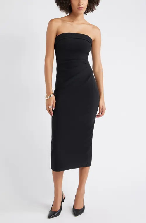 Open Edit Strapless Crepe Midi Dress in Black at Nordstrom, Size Xx-Small | Nordstrom