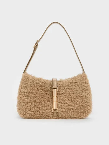Cesia Faux Shearling Metallic-Accent Shoulder Bag
    
         - Nutmeg Beige | Charles & Keith US