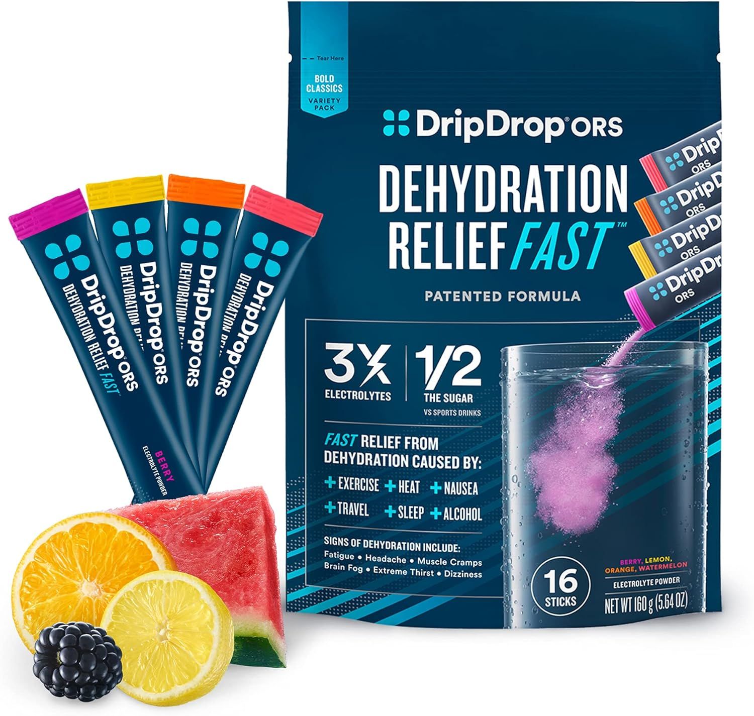 DripDrop ORS Hydration - Electrolyte Powder Packets - Watermelon, Berry, Orange, Lemon - 16 Count | Amazon (US)