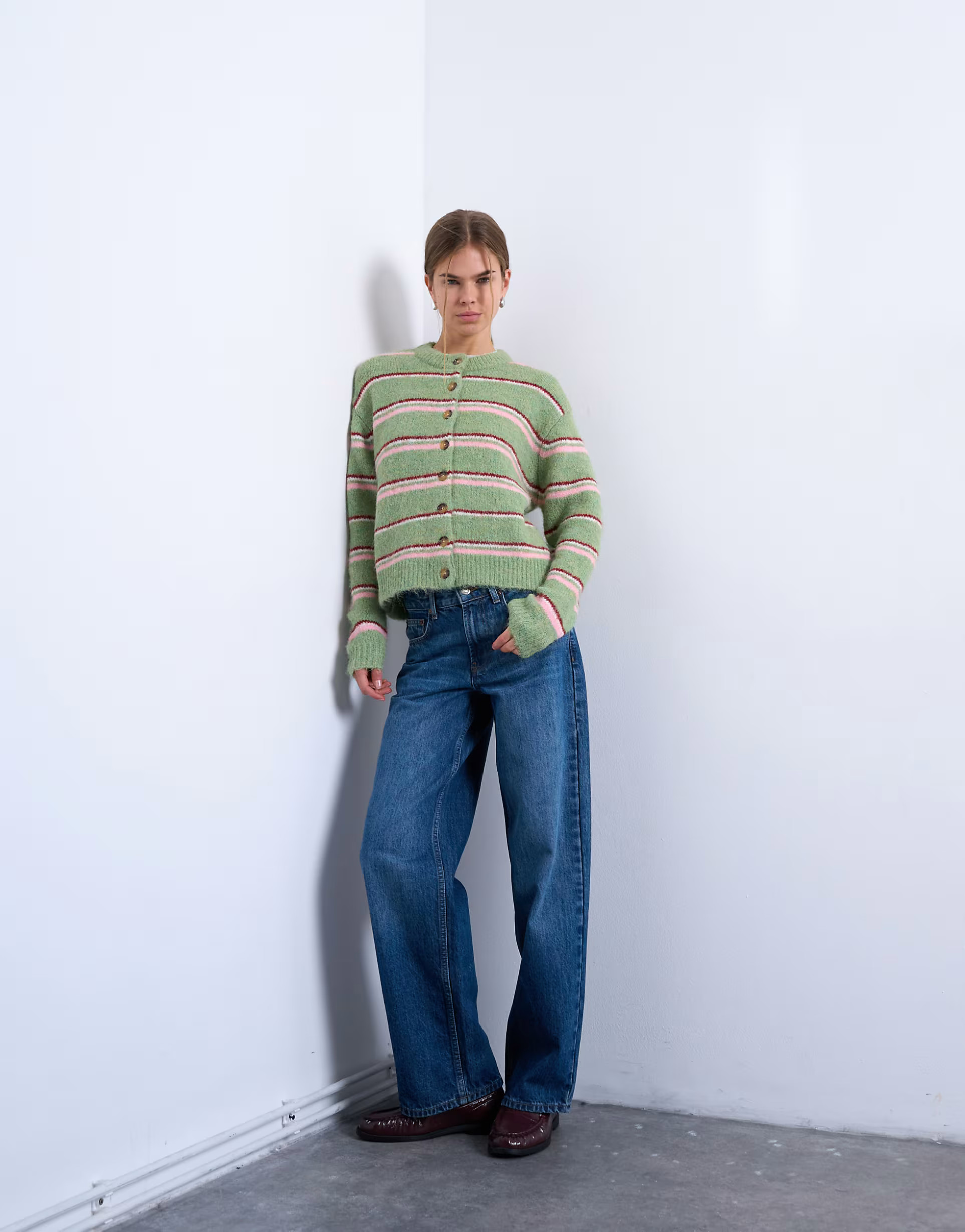 Topshop knitted multi stripe cardigan in green | ASOS (Global)