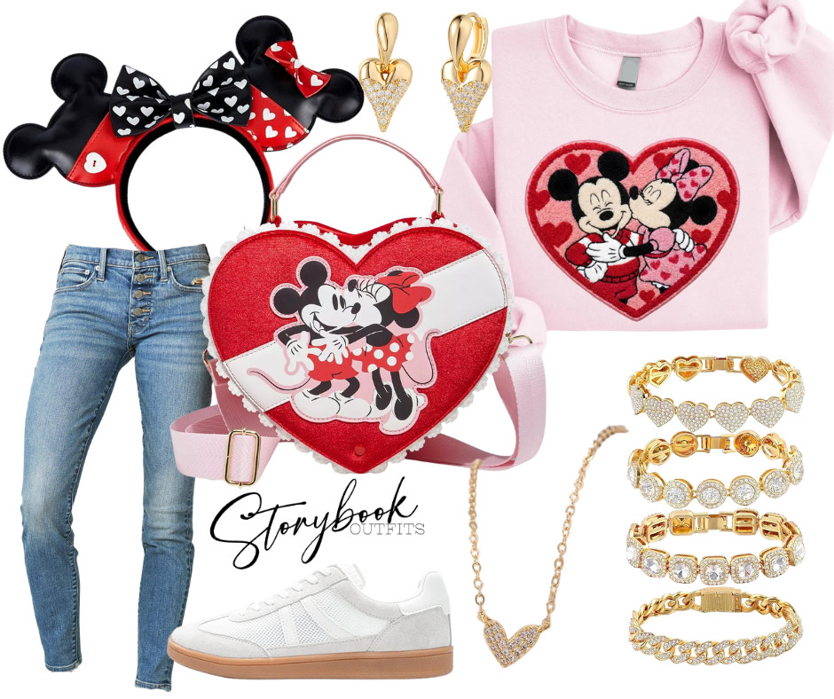 A Disney Valentine park look made for Disney love stories — heart-shaped Minnie & Mickey bag, cozy heart sweatshirt, classic Minnie ears, stacked sparkle bracelets, relaxed denim, and comfy neutral sneakers.

Perfect for Valentine trips, anniversary days, or anyone who loves Mickey & Minnie forever ❤️ 

 #LTKTravel