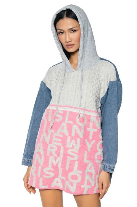 SPELL IT OUT DENIM HOODIE MINI DRESS in pink multi | AKIRA