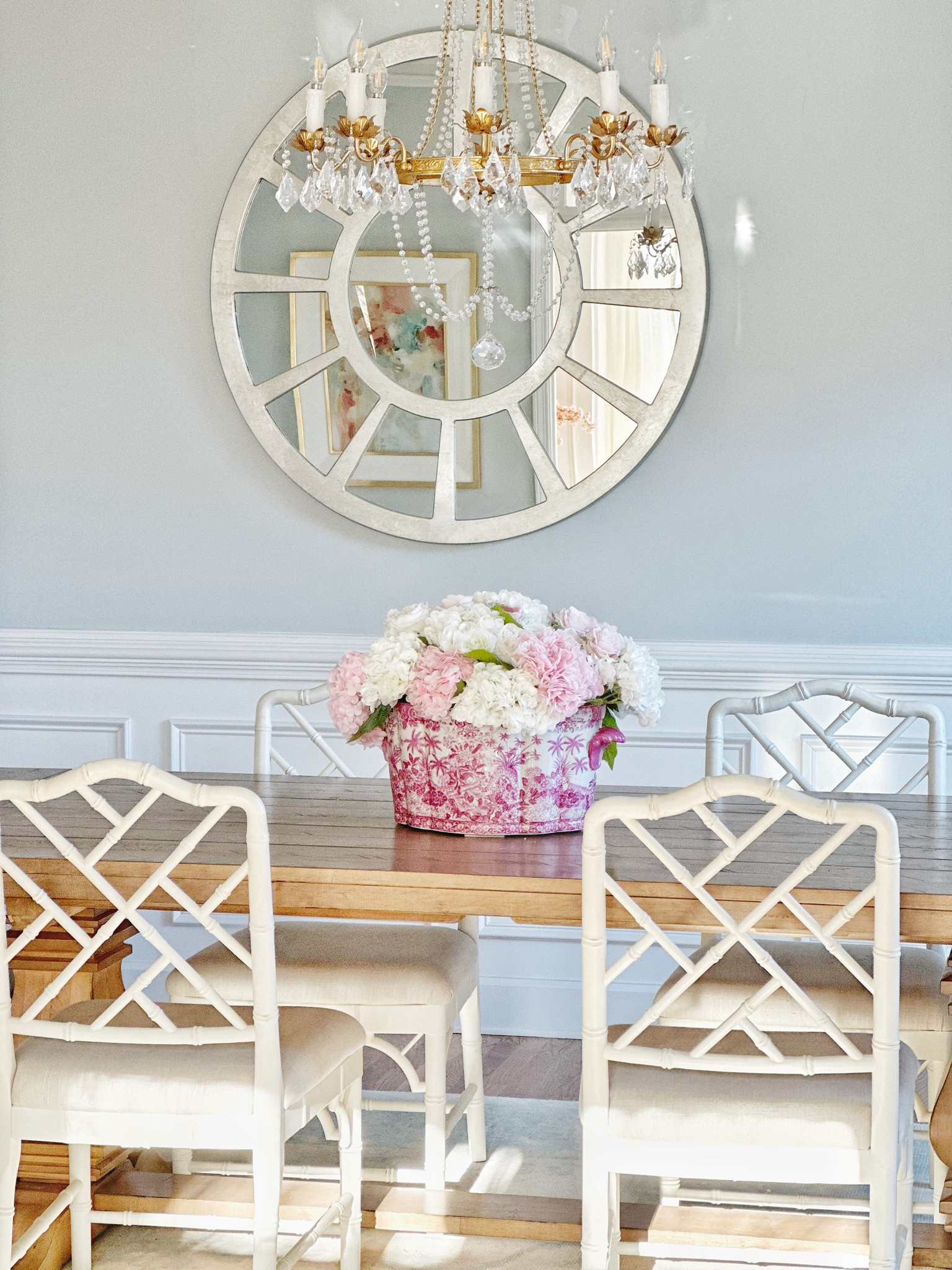 Spring, seasonal, artificial flowers, hydrangeas faux florals, Ballard designs, lighting, reimagined, gold chandelier, traditional, glam, dining chairs, Turkish rug,oushak, wool area, rug, hand knotted. Amazon., farm table.

#LTKFind #LTKhome