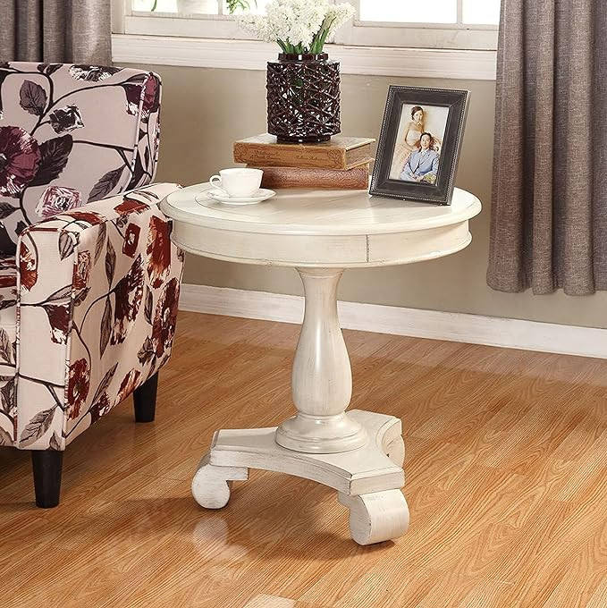 Roundhill Furniture Rene Round Wood Pedestal Side Table, Single, Antique White | Amazon (US)