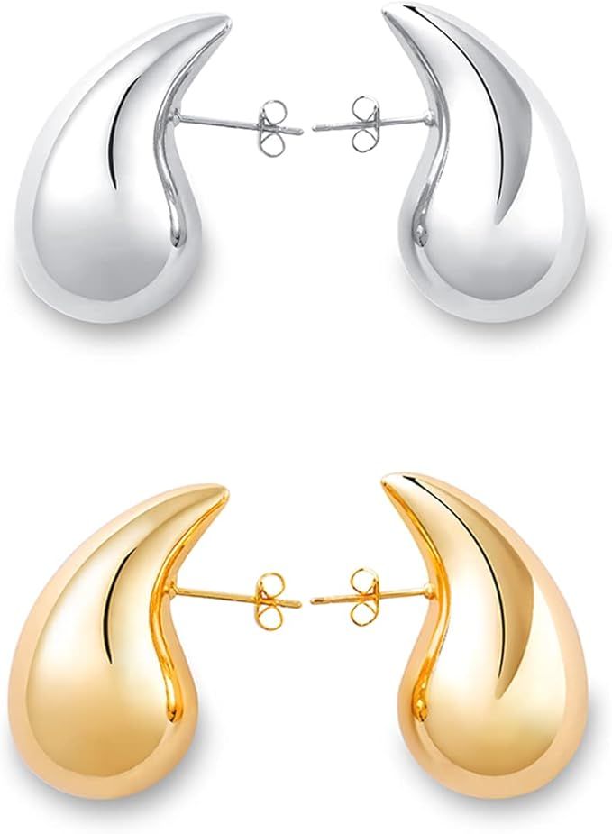 2 Pairs Apsvo Chunky Gold Silver Hoop Earrings Set for Women, Lightweight Hypoallergenic Hollow H... | Amazon (US)