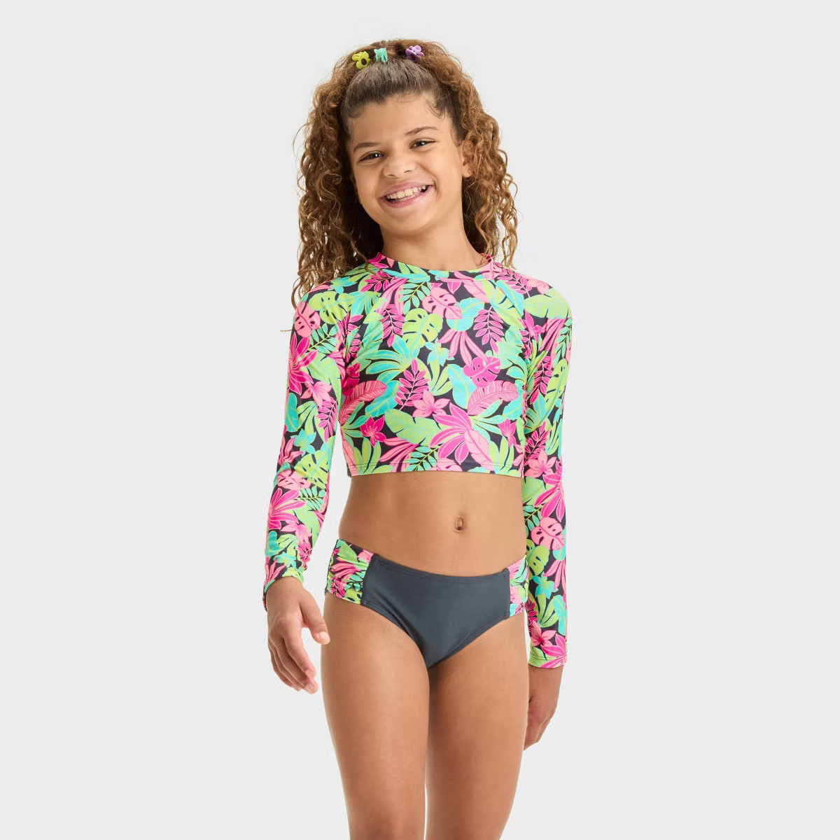 Girls' Floral Printed Rash Guard Set - Cat & Jack™ Blue/Pink S | Target