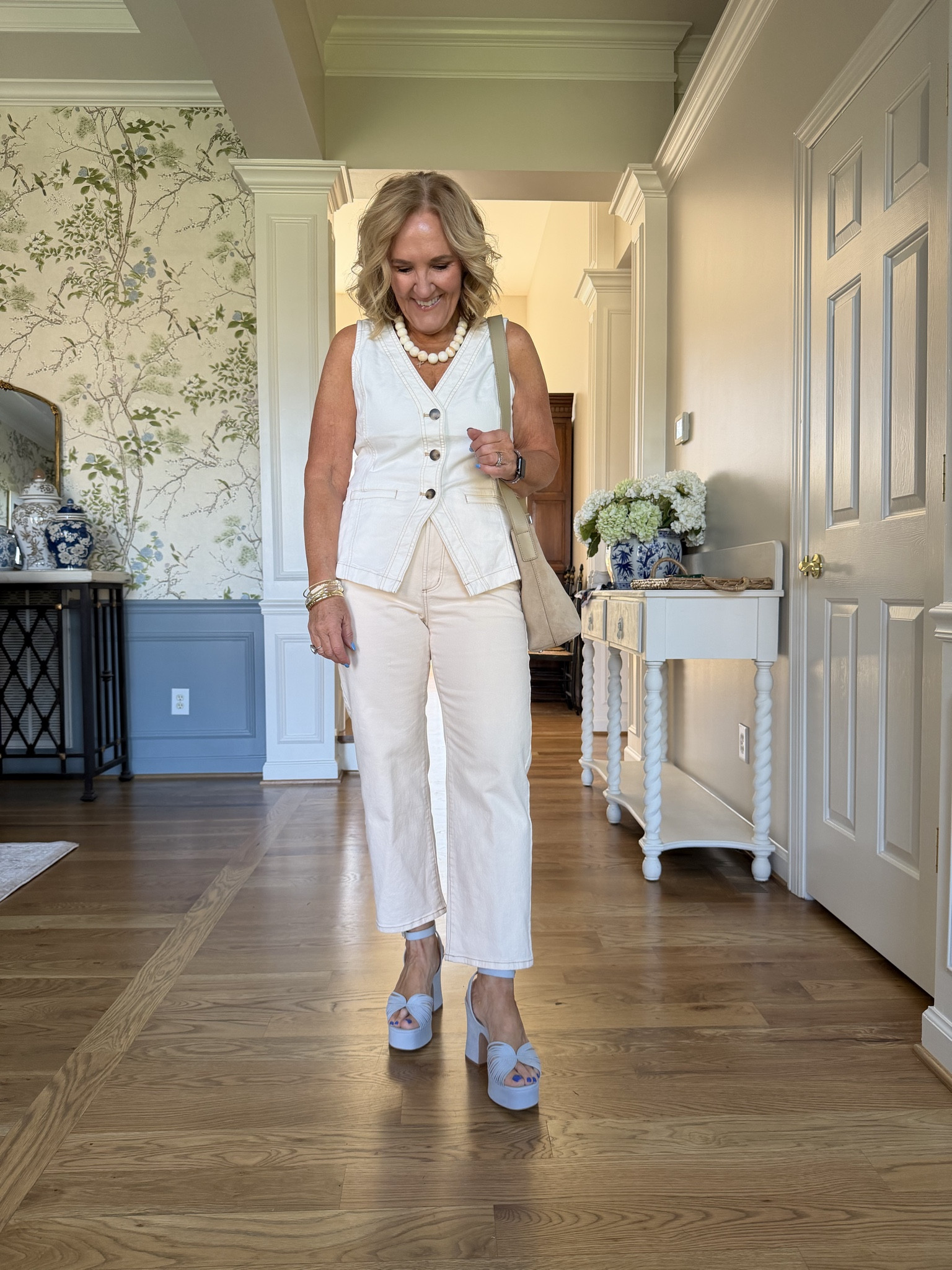 Vest size medium jeans size 29 petite 
Ivory necklace is such a statement without adding color. I just love it.
20% off my bracelets use code NANETTE20
And these shoes are just so fun. I’ve just loved having them. But this outfit would look great casual too with a little woven flat. I’ll link a couple ideas for you.

#LTKPetite #LTKOver40 #LTKSeasonal
