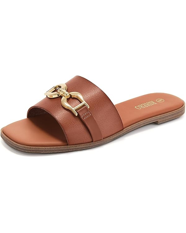 Rihero Women's Flat Sandals Summer Comfortable Square Open Toe Slip On Leather Slide Sandals | Amazon (US)