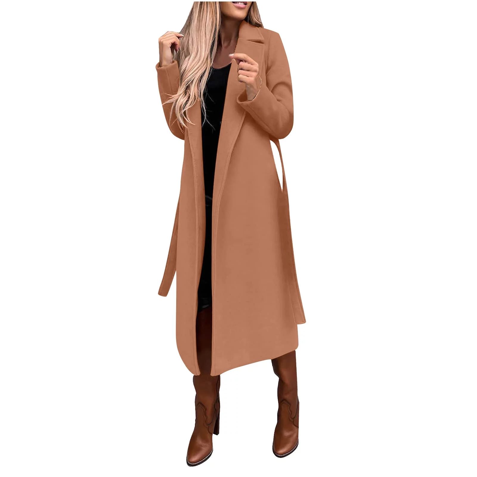 jsaierl Womens Trench Coat Long Faux Wool Coat Winter Notched Lapel Open Front Trench Jacket Slim... | Walmart (US)