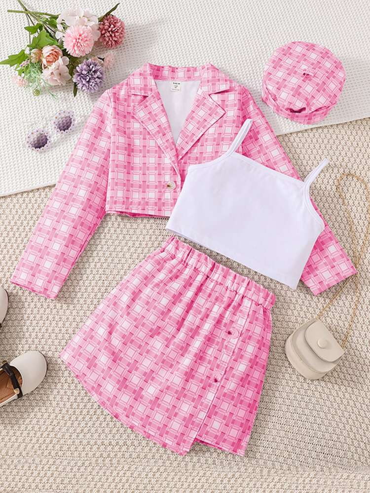 Girls Solid Cami Top & Plaid Print Blazer & Skirt & Hat | SHEIN
