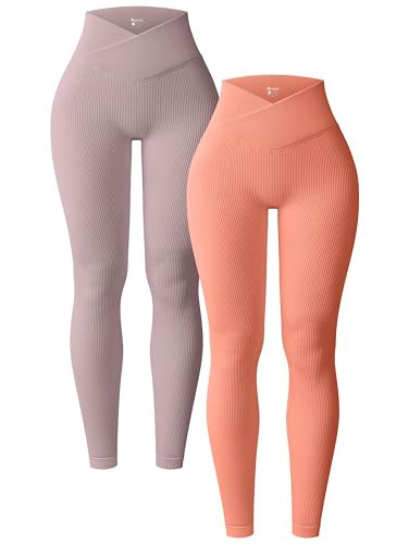 OQQ Women's 2 Piece Yoga Leggings Ribbed Seamless Workout High Waist Cross Over Athletic Exercise Leggings Hide Pink Coral-Orange | Amazon (US)