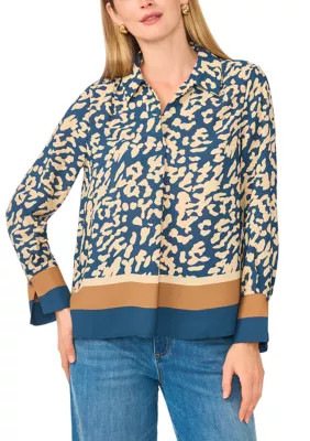 Women's Long Sleeve Collar Split Neck Animal Print Blouse | Belk