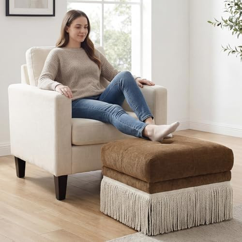 Square Fabric Ottoman with Bullion Fringe, Brown Tufted Footstool for Living Room & Bedroom, Deco... | Amazon (US)