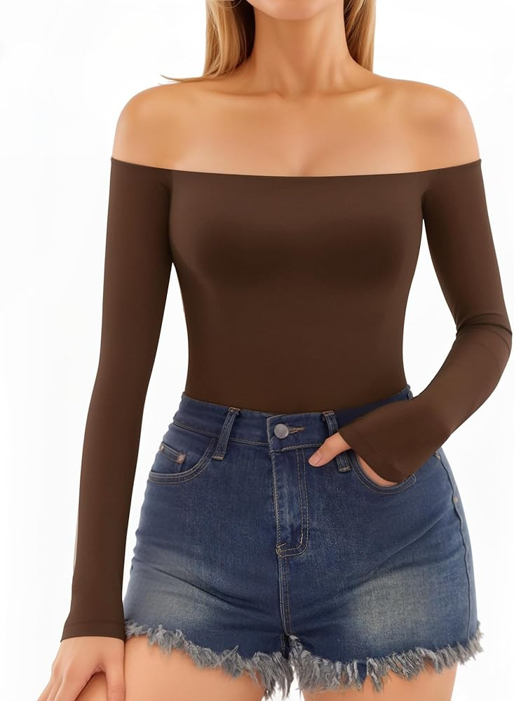 MANGOPOP Off The Shoulder Tops for Women Sexy Long Sleeve T Shirt Slim Fitted Tee Casual Blouse G... | Amazon (US)