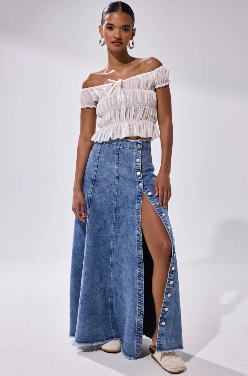 TIFFANY BLUE DENIM MAXI SKIRT | AKIRA