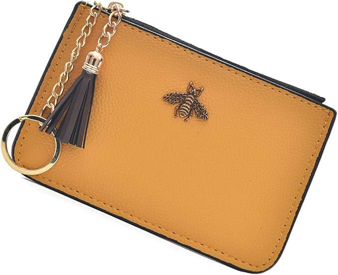 Coin Purse Change Wallet Pouch Leather Card Holder with Key Chain Tassel Zip(Yellow) | Amazon (US)